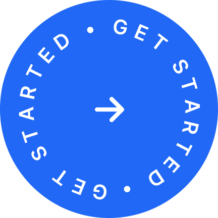 A blue circular badge with the text "GET STARTED" repeated around a white arrow.